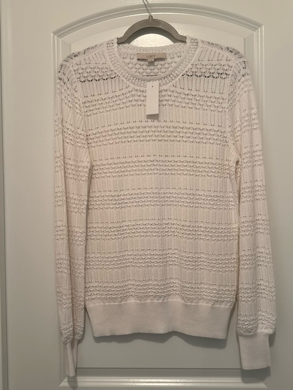 LOFT Cream Openwork Crewneck Sweater
